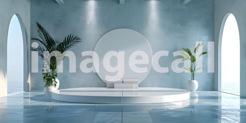 Minimalist scene with round podium and geometric shapes for product presentation - Ai Generated