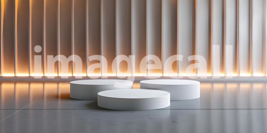 Minimalist scene with round podium and geometric shapes for product presentation - Ai Generated