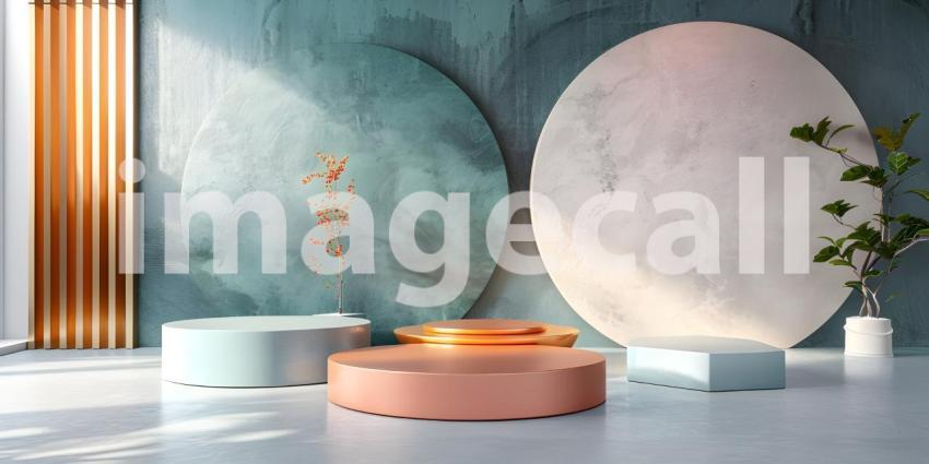 Minimalist scene with round podium and geometric shapes for product presentation - Ai Generated