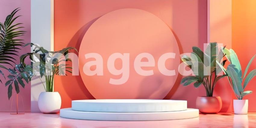 Minimalist scene with round podium and geometric shapes for product presentation - Ai Generated