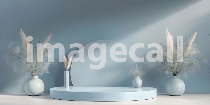 Minimalist scene with round podium and geometric shapes for product presentation - Ai Generated