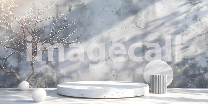 Minimalist scene with round podium and geometric shapes for product presentation - Ai Generated