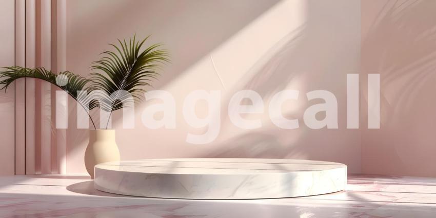 Minimalist scene with round podium and geometric shapes for product presentation - Ai Generated