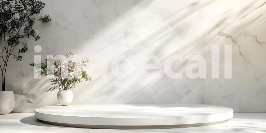 Minimalist scene with round podium and geometric shapes for product presentation - Ai Generated