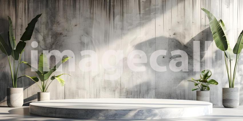 Minimalist scene with round podium and geometric shapes for product presentation - Ai Generated