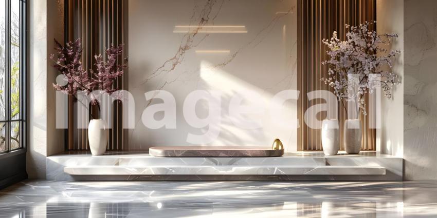 Minimalist scene with round podium and geometric shapes for product presentation - Ai Generated