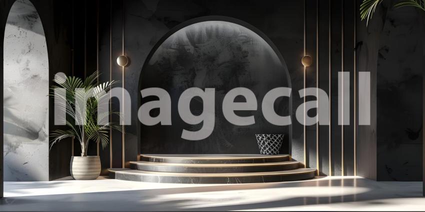 3d rendering of podium for product display in minimal style with black marble wall background - Ai Generated