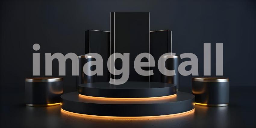 3d rendering of podium for product display in minimal style with black marble wall background - Ai Generated