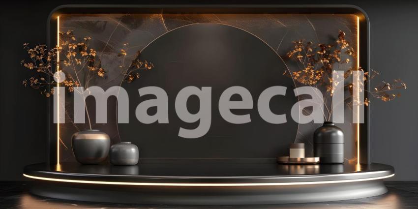 3d rendering of podium for product display in minimal style with black marble wall background - Ai Generated