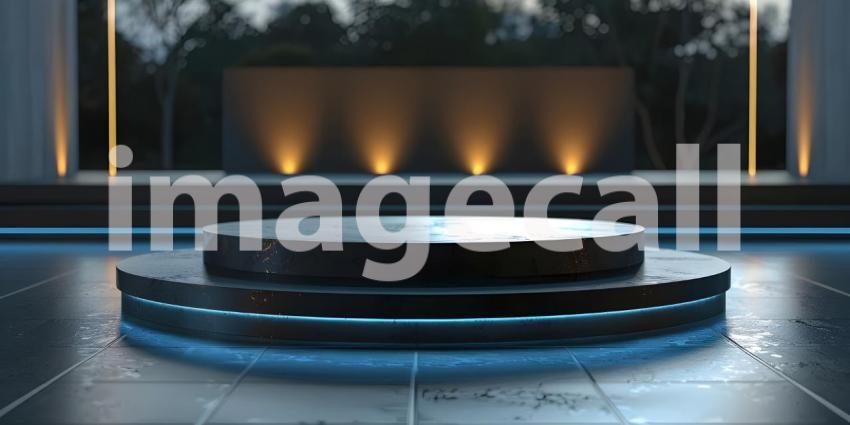3d rendering of podium for product display in minimal style with black marble wall background - Ai Generated