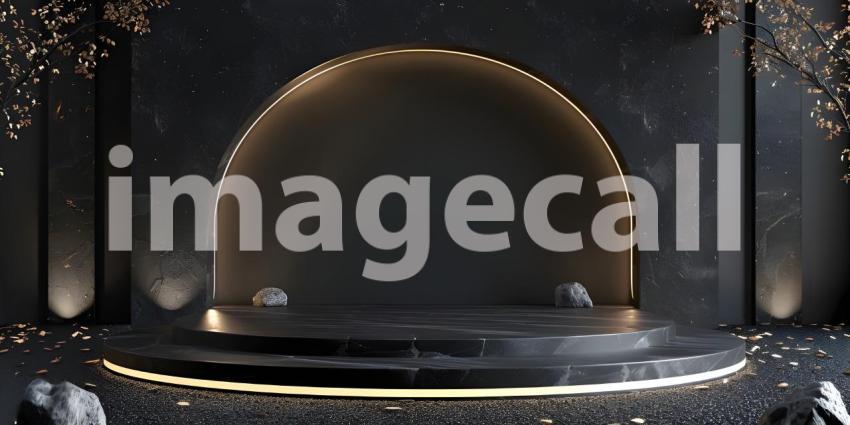 3d rendering of podium for product display in minimal style with black marble wall background - Ai Generated