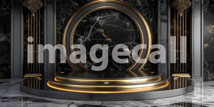 3d rendering of podium for product display in minimal style with black marble wall background - Ai Generated