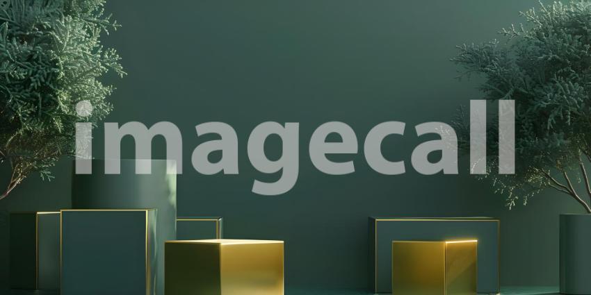 3d render of podium for product display with gold and green marble background - Ai Generated