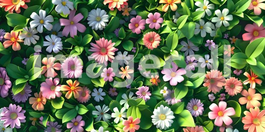 Colorful spring flowers background, Top view - Ai Generated