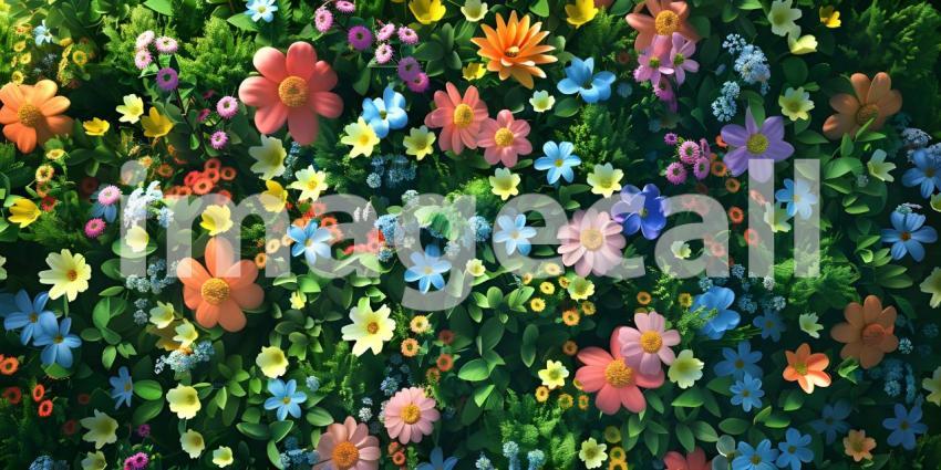 Colorful spring flowers background, Top view - Ai Generated