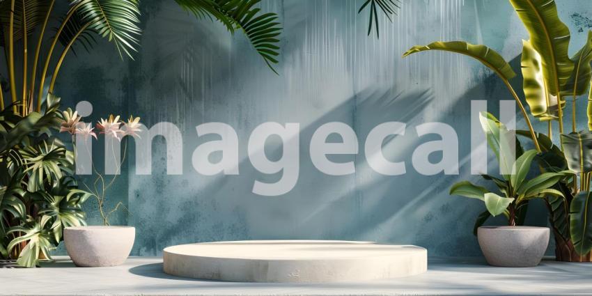 3d render of minimal display podium with tropical leaves and plants background - Ai Generated