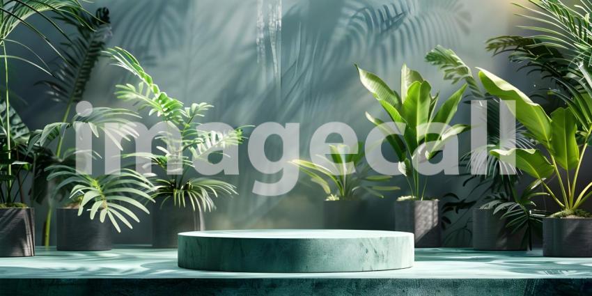 3d render of minimal display podium with tropical leaves and plants background - Ai Generated