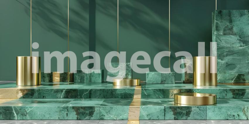 3d render of podium for product display with gold and green marble background - Ai Generated