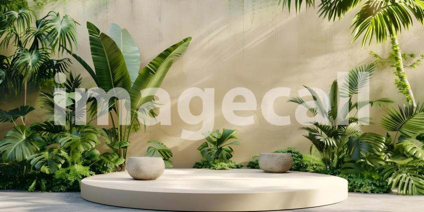 3d render of minimal display podium with tropical leaves and plants background - Ai Generated