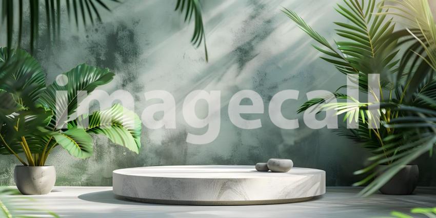 3d render of minimal display podium with tropical leaves and plants background - Ai Generated