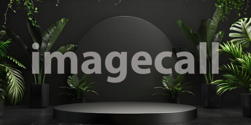 3d render of minimal display podium with tropical leaves and plants background - Ai Generated