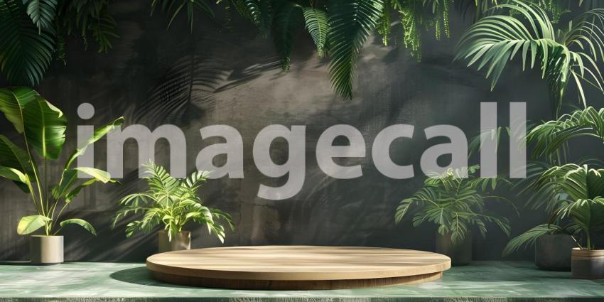 3d render of minimal display podium with tropical leaves and plants background - Ai Generated