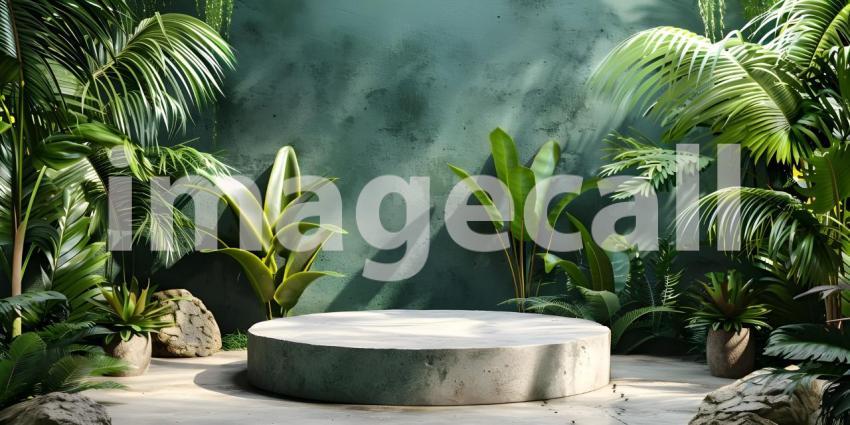 3d render of minimal display podium with tropical leaves and plants background - Ai Generated