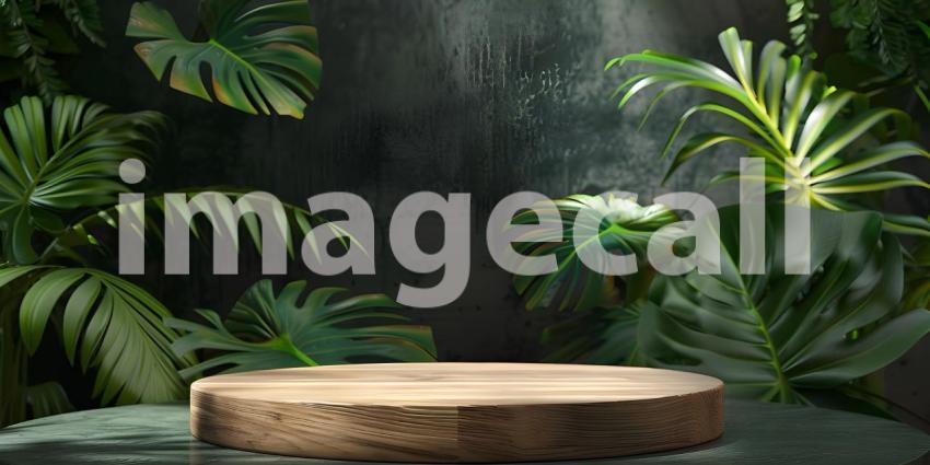 3d render of minimal display podium with tropical leaves and plants background - Ai Generated