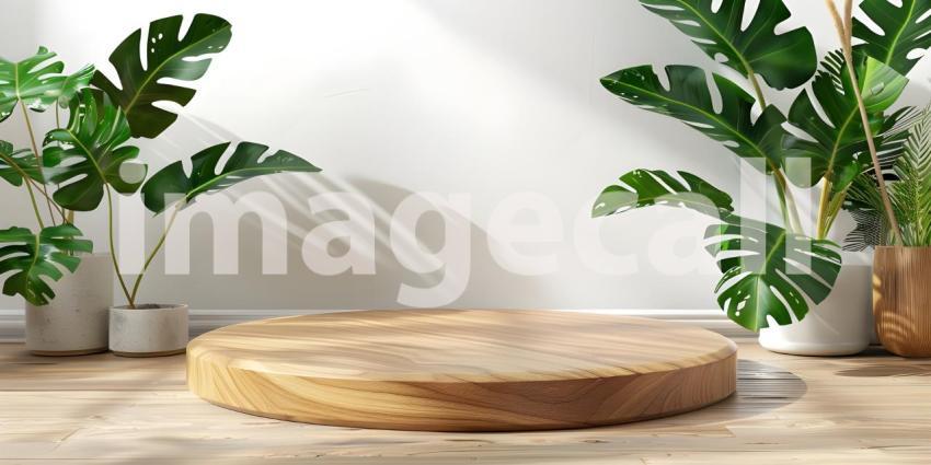 3d render of minimal display podium with tropical leaves and plants background - Ai Generated