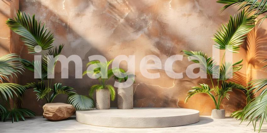 3d render of minimal display podium with tropical leaves and plants background - Ai Generated