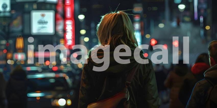 Beautiful young woman walking in the city at night Blurred background - Ai Generated