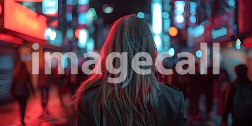 Beautiful young woman walking in the city at night Blurred background - Ai Generated