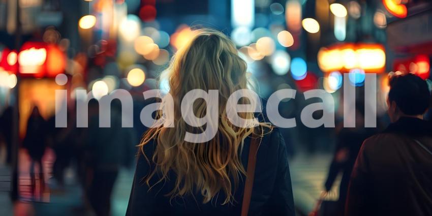 Beautiful young woman walking in the city at night Blurred background - Ai Generated
