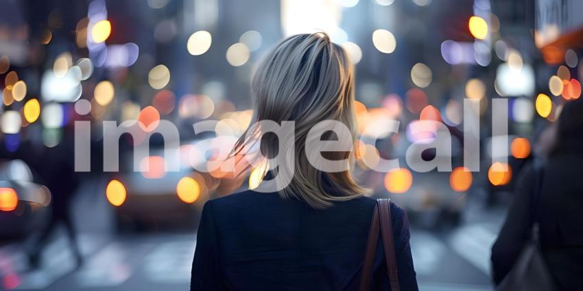 Beautiful young woman walking in the city at night Blurred background - Ai Generated