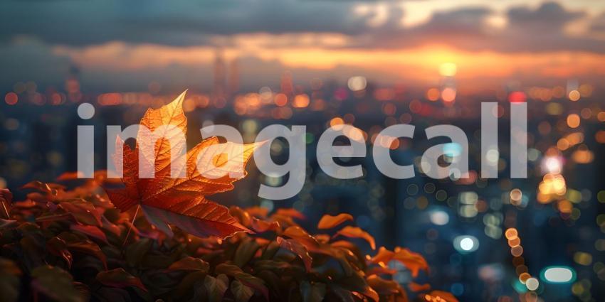 Autumn leaves on the background of the city at sunset, Autumn background - Ai generated