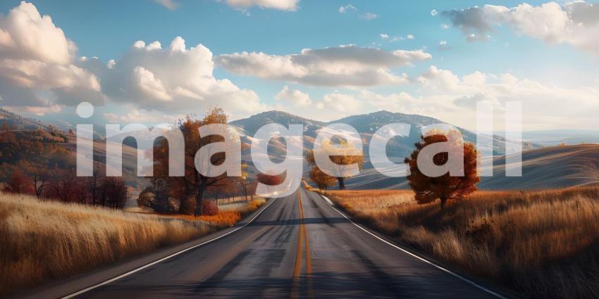 Road in the tropics with palm trees and blue sky background - Ai Generated