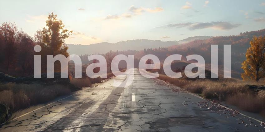 Road in the tropics with palm trees and blue sky background - Ai Generated