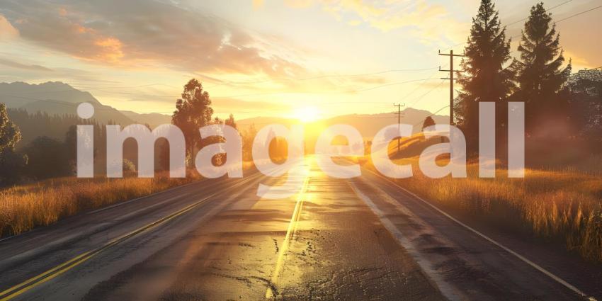 Road in the tropics with palm trees and blue sky background - Ai Generated