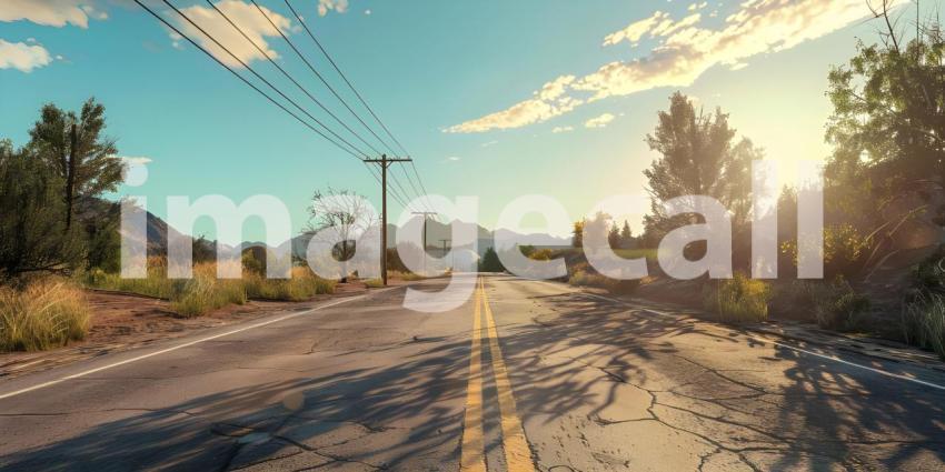 Road in the tropics with palm trees and blue sky background - Ai Generated