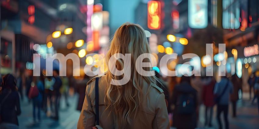 Beautiful young woman walking in the city at night Blurred background - Ai Generated