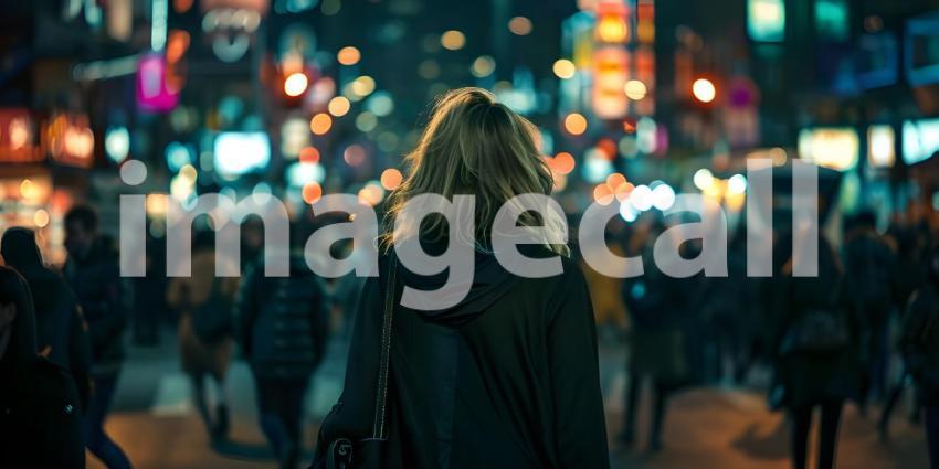 Beautiful young woman walking in the city at night Blurred background - Ai Generated