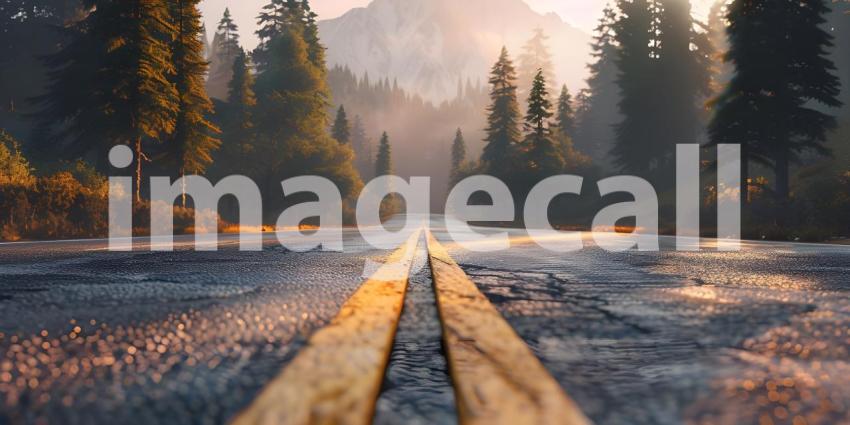 Road in the tropics with palm trees and blue sky background - Ai Generated