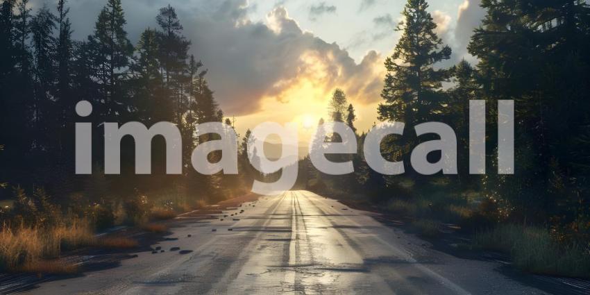 Road in the tropics with palm trees and blue sky background - Ai Generated