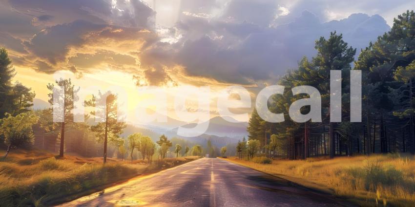 Road in the tropics with palm trees and blue sky background - Ai Generated