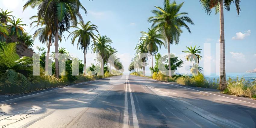 Road in the tropics with palm trees and blue sky background - Ai Generated