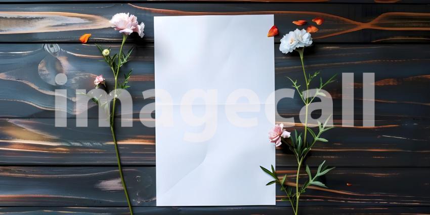 Blank paper with pink flowers on rustic wooden background - Ai generated
