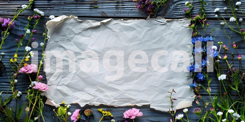 Blank paper with pink flowers on rustic wooden background - Ai generated