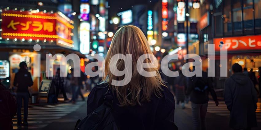 Beautiful young woman walking in the city at night Blurred background - Ai Generated