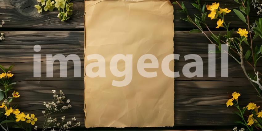 Blank paper with pink flowers on rustic wooden background - Ai generated