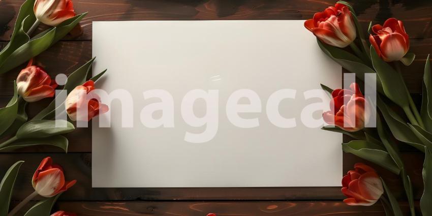 Blank paper with pink flowers on rustic wooden background - Ai generated